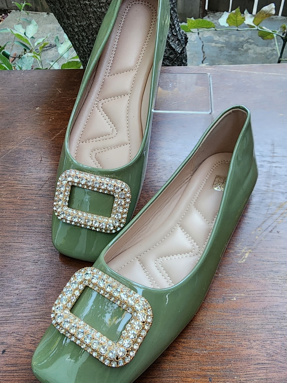 NWOTEmerald Olive Green Patent Crystal Rhinestone Buckle Square Toe Loafer Flats